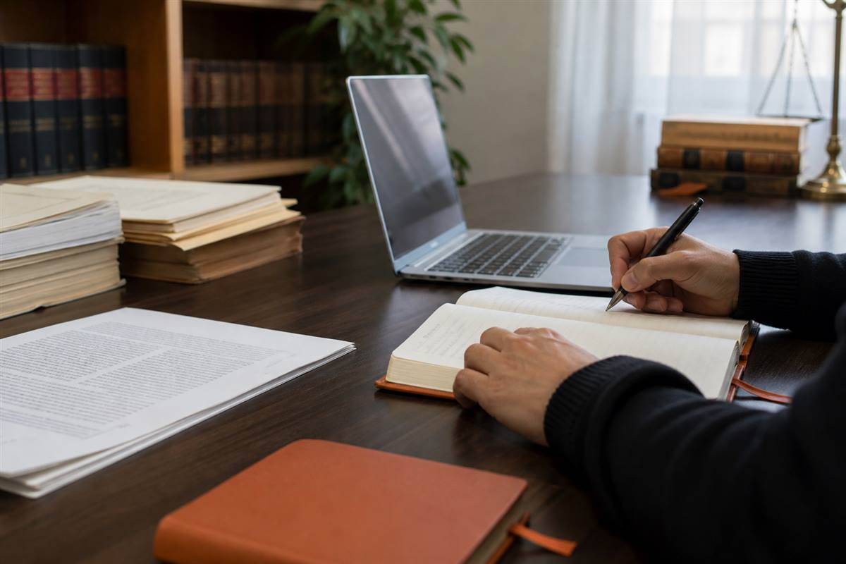 Consulta jurídica desde el escritorio con documentación y portátil