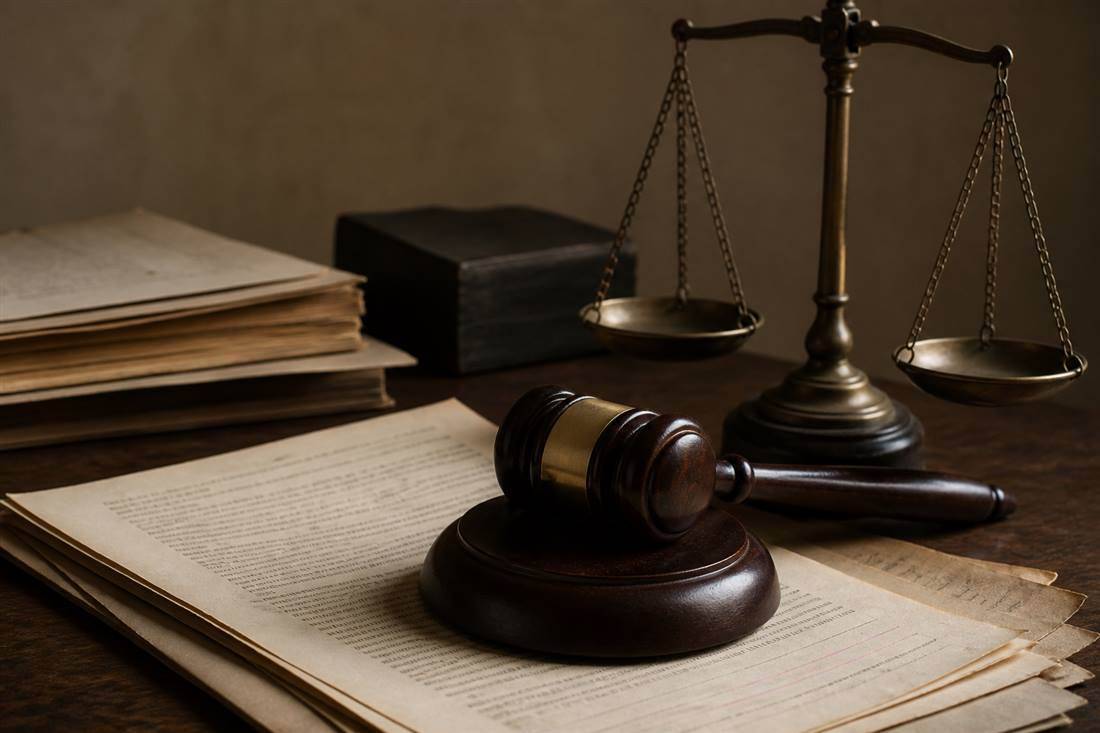 Mesa jurídica con balanza y documentación civil